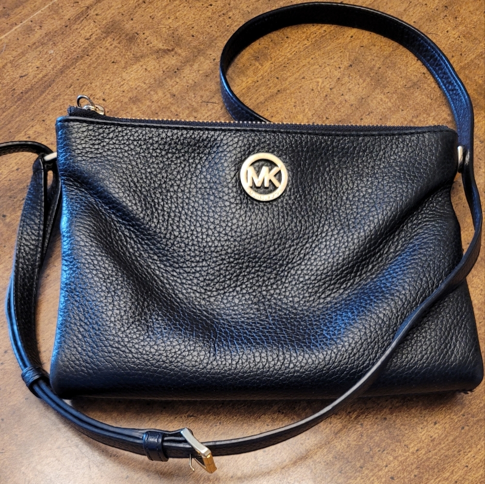 Michael Kors Pebbled Black Crossbody Bag with Gold Logo